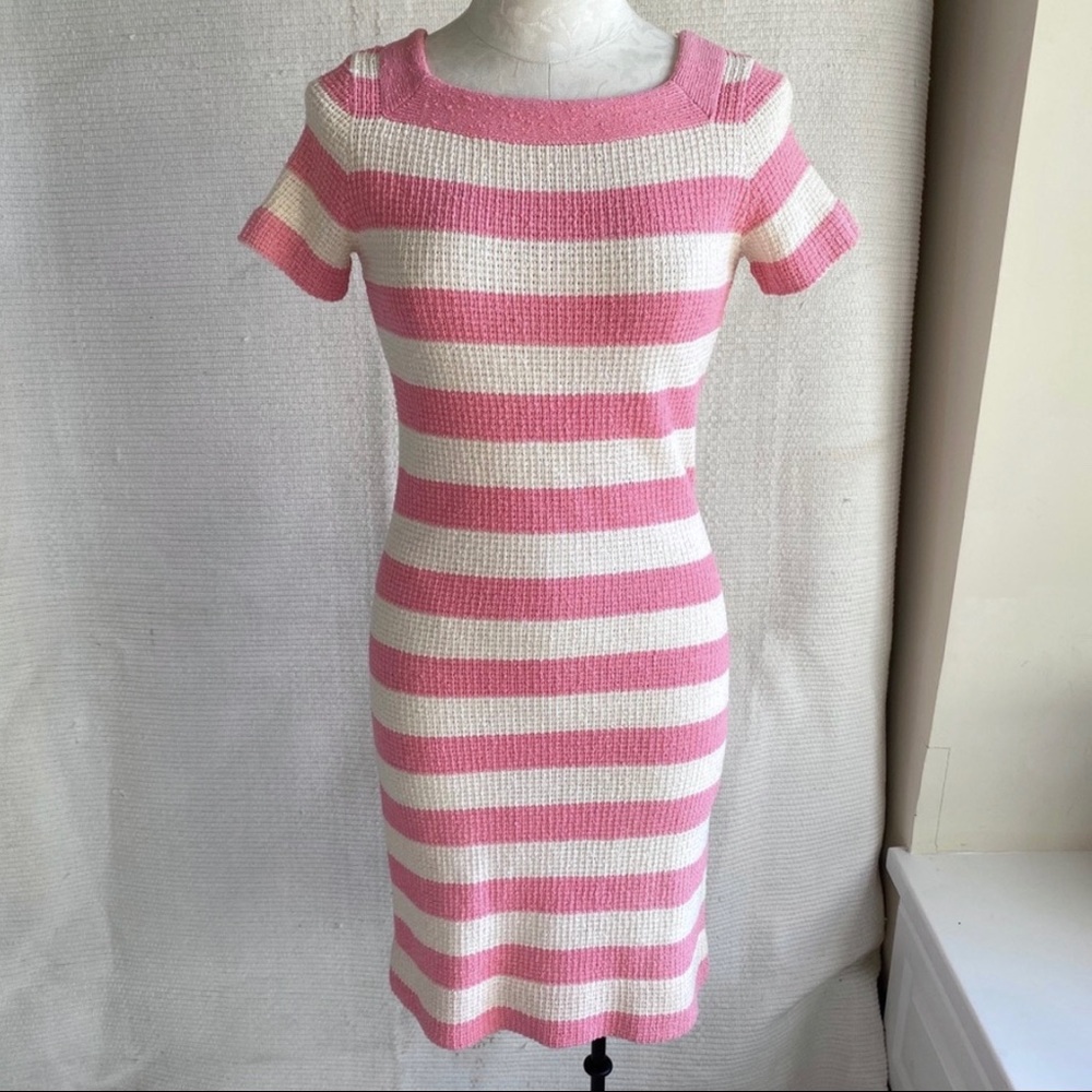Vintage 60s 70s Easter BARBIE Dress S/M Knit Pink Striped Mini Pink White Stripe - Picture 1 of 8